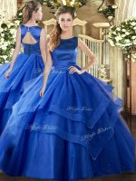 Most Popular Blue Sleeveless Floor Length Ruffled Layers Lace Up Ball Gown Prom Dress