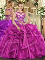 High Quality Fuchsia Ball Gowns Organza Scoop Sleeveless Beading and Appliques and Ruffles Floor Length Lace Up 15 Quinceanera Dress(SKU SJQDDT1174002BIZ)