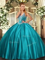 Teal Lace Up Straps Beading Quinceanera Dress Satin Sleeveless