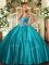 Teal Lace Up Straps Beading Quinceanera Dress Satin Sleeveless