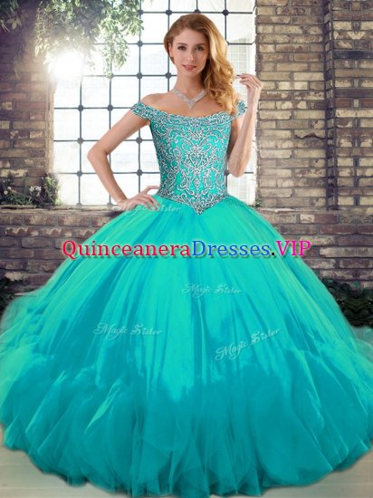 Sexy Sleeveless Floor Length Beading and Ruffles Lace Up Quinceanera Dress with Aqua Blue - Click Image to Close