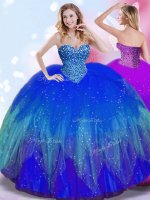 Beading Ball Gown Prom Dress Royal Blue Lace Up Sleeveless Floor Length