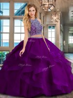 Free and Easy Scoop Beading and Ruffles Ball Gown Prom Dress Purple Backless Sleeveless Floor Length