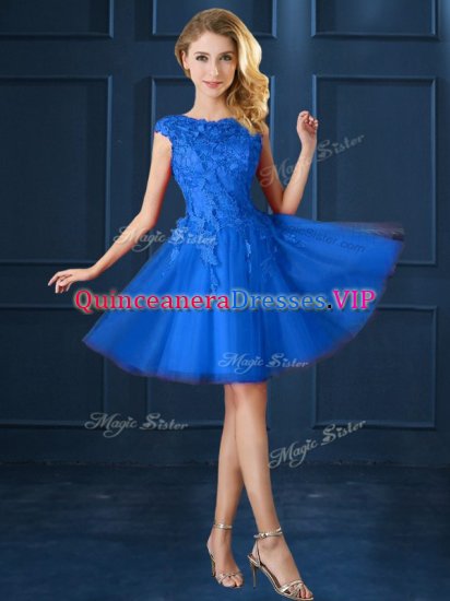 Stylish Blue Lace Up Bateau Lace and Belt Court Dresses for Sweet 16 Tulle Cap Sleeves - Click Image to Close