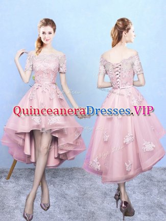 Baby Pink Off The Shoulder Neckline Lace Court Dresses for Sweet 16 Short Sleeves Lace Up