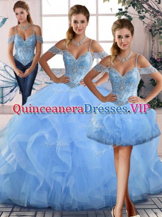 Free and Easy Blue Sleeveless Beading and Ruffles Floor Length 15th Birthday Dress
