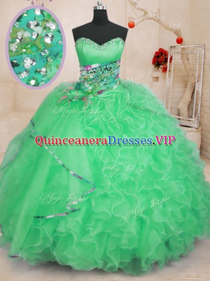 Floor Length Apple Green Quinceanera Gown Organza Sleeveless Beading and Ruffles - Click Image to Close