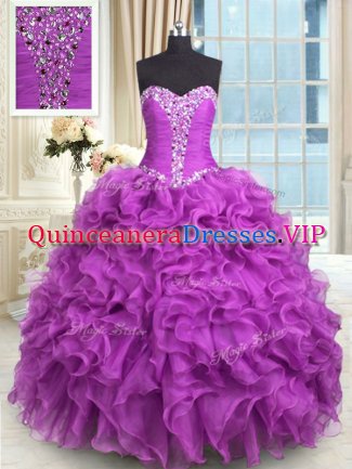 Sleeveless Organza Floor Length Lace Up 15 Quinceanera Dress in Purple with Beading and Ruffles