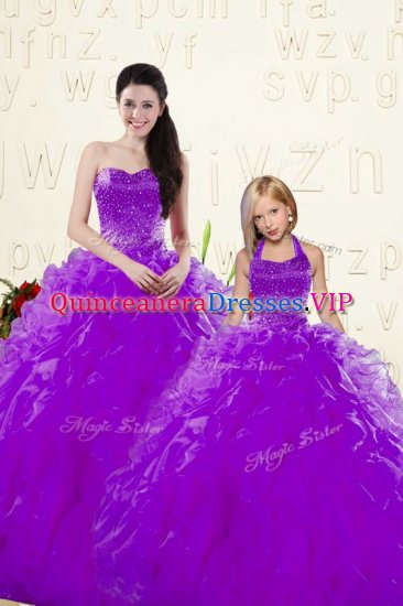 Charming Eggplant Purple Sweetheart Neckline Beading and Ruffles 15 Quinceanera Dress Sleeveless Lace Up - Click Image to Close