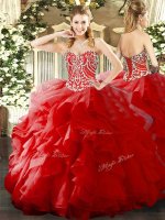 Floor Length Red Military Ball Gown Sweetheart Sleeveless Lace Up