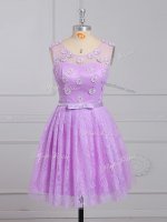 Lilac Empire Lace Scoop Sleeveless Appliques and Belt Mini Length Lace Up Quinceanera Court of Honor Dress