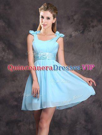 Elegant Baby Blue Zipper Straps Ruching and Bowknot Quinceanera Dama Dress Chiffon Sleeveless