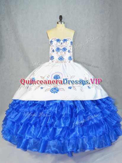 Organza Sweetheart Sleeveless Lace Up Embroidery and Ruffled Layers Quinceanera Dresses in Blue And White - Click Image to Close