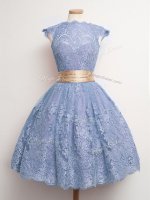 Superior High-neck Cap Sleeves Lace Up Quinceanera Court Dresses Blue Lace