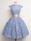 Superior High-neck Cap Sleeves Lace Up Quinceanera Court Dresses Blue Lace