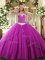 Deluxe Tulle Sweetheart Sleeveless Brush Train Lace Up Appliques Quinceanera Gowns in Fuchsia