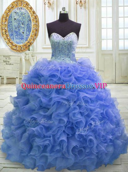 Sweetheart Sleeveless Quinceanera Gowns Sweep Train Beading and Ruffles Blue Organza - Click Image to Close