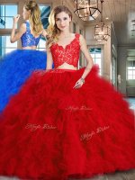 Zipper Quince Ball Gowns Red for Military Ball and Sweet 16 and Quinceanera with Lace and Ruffles Brush Train