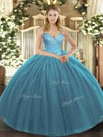 Fashionable Floor Length Teal 15 Quinceanera Dress V-neck Sleeveless Lace Up(SKU SJQDDT1069002-2BIZ)