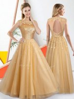 Bateau Sleeveless Tulle Dama Dress for Quinceanera Beading and Lace Backless