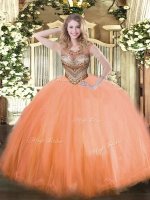Orange Red Tulle Lace Up 15th Birthday Dress Sleeveless Floor Length Beading