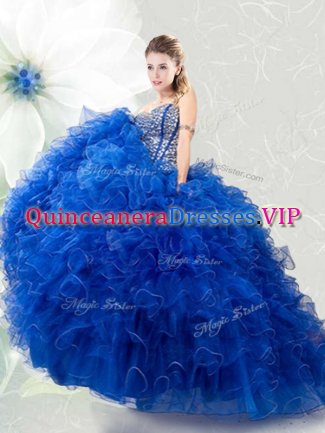 Sleeveless Organza Floor Length Lace Up Quinceanera Dresses in Royal Blue with Beading and Ruffles