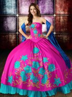 Deluxe Multi-color Ball Gowns Satin Strapless Sleeveless Embroidery Floor Length Lace Up Quinceanera Dress
