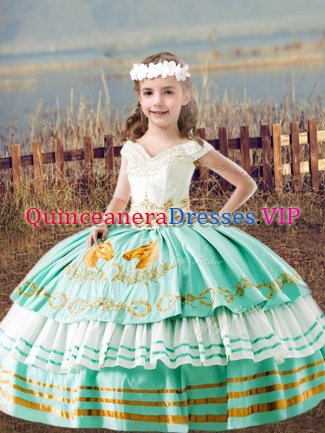 Custom Design Apple Green Lace Up Kids Formal Wear Embroidery Sleeveless Floor Length