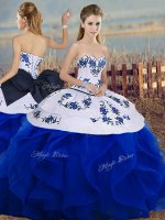 Best Royal Blue Ball Gowns Tulle Sweetheart Sleeveless Embroidery and Ruffles and Bowknot Floor Length Lace Up Sweet 16 Dress