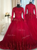 Best Scoop Long Sleeves Tulle Quinceanera Dresses Beading and Lace and Bowknot Clasp Handle