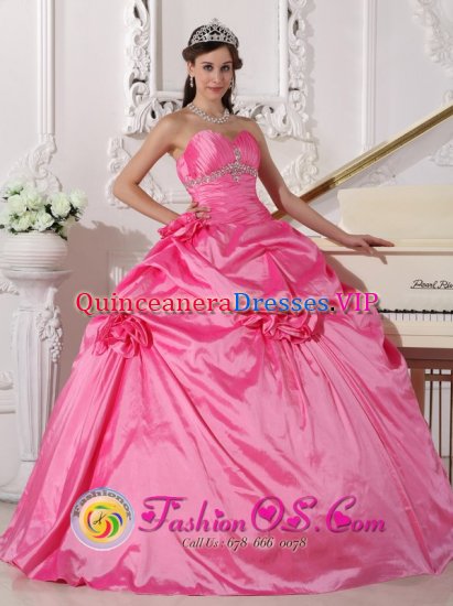 Pudasjarvi Finland Beading and Flowers Decorate Modest Hot Pink Quinceanera Dress With Sweetheart Neckline - Click Image to Close
