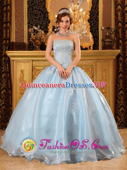 Gambier Ohio/OH Wheeling Romantic Baby Blue Quinceanera Dress Strapless Organza Exquisite Beading Appliques Ball Gown - Click Image to Close