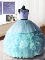 Nice Scoop Sleeveless Quinceanera Gown With Brush Train Beading and Lace and Ruffles Baby Blue Organza and Tulle and Lace(SKU PSSW069-4BIZ)