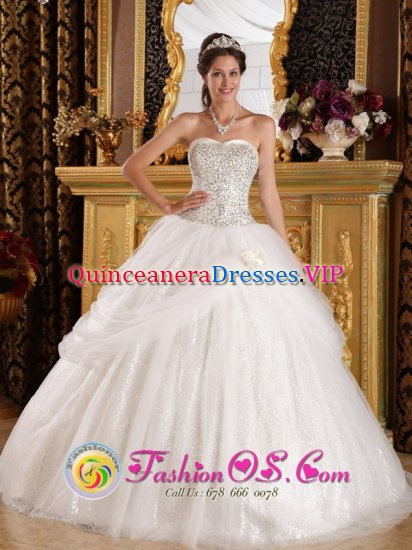 Portstewart Londonderry White Quinceanera Dress With Sweetheart Beaded Bodice and Pick-ups Tulle - Click Image to Close