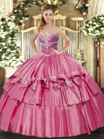 Sleeveless Floor Length Beading and Ruffled Layers Lace Up 15 Quinceanera Dress with Hot Pink