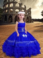 Dramatic Straps Sleeveless Satin and Organza Pageant Dress for Womens Embroidery and Ruffled Layers Zipper