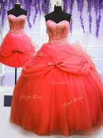 High Quality Three Piece Sweetheart Sleeveless Sweet 16 Dress Floor Length Beading and Bowknot Coral Red Tulle