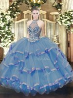 Blue Halter Top Neckline Beading and Ruffles Ball Gown Prom Dress Sleeveless Lace Up