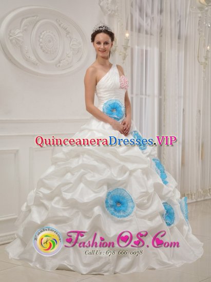Beautiful One Shoulder Neckline White Flowers Decorate Quinceanera Dress With ruffles in Beverly Hills CA - Click Image to Close