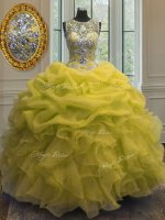 Yellow Ball Gowns Organza Scoop Sleeveless Beading and Ruffles and Pick Ups Floor Length Lace Up Ball Gown Prom Dress(SKU PSSW0119-7BIZ)