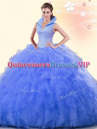 Blue Backless High-neck Beading and Ruffles Quinceanera Gowns Tulle Sleeveless