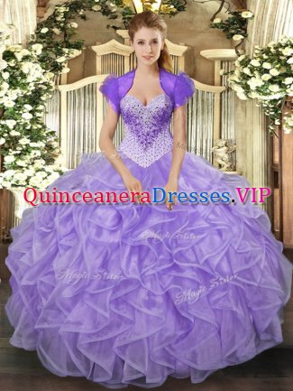 Lavender Sleeveless Organza Lace Up Quinceanera Gowns for Military Ball and Sweet 16 and Quinceanera