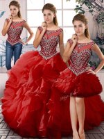 Fabulous Beading and Ruffles Vestidos de Quinceanera Red Lace Up Sleeveless Floor Length