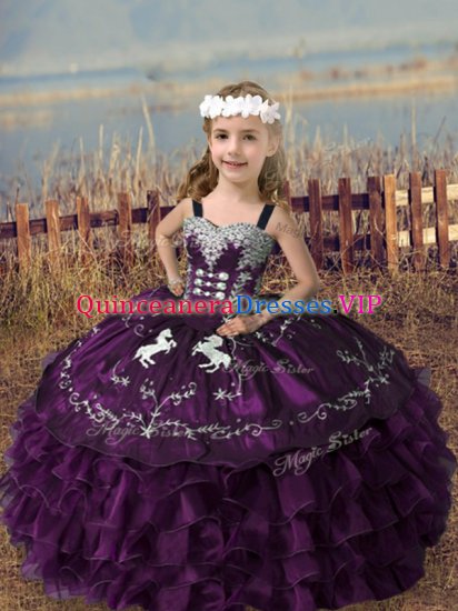 Stylish Organza Straps Sleeveless Lace Up Embroidery and Ruffled Layers Glitz Pageant Dress in Dark Purple - Click Image to Close