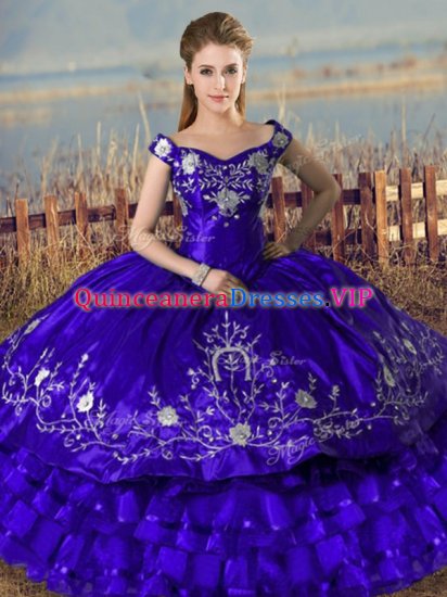 Exquisite Off The Shoulder Sleeveless Quinceanera Dresses Floor Length Embroidery and Ruffled Layers Purple Satin and Organza - Click Image to Close