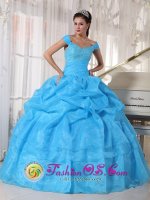 Jacksonville Arkansas/AR Taffeta and Organza Layers Sky Blue Off The Shoulder Quinceanera Dress With Deaded Bodice