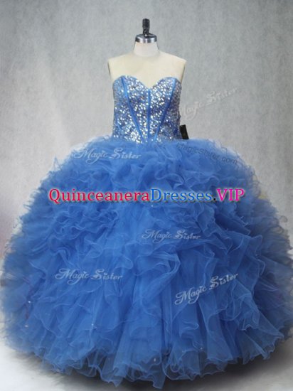 Fancy Beading and Ruffles Sweet 16 Dress Blue Lace Up Sleeveless Floor Length - Click Image to Close