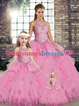 Rose Pink Lace Up Scoop Lace and Embroidery and Ruffles 15th Birthday Dress Tulle Sleeveless