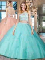 High Quality Scoop Aqua Blue Tulle Backless Sweet 16 Dress Sleeveless Floor Length Beading and Ruffles(SKU SXQD041BIZ)