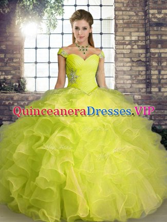 Modest Yellow Green Ball Gowns Off The Shoulder Sleeveless Organza Floor Length Lace Up Beading and Ruffles Quince Ball Gowns
